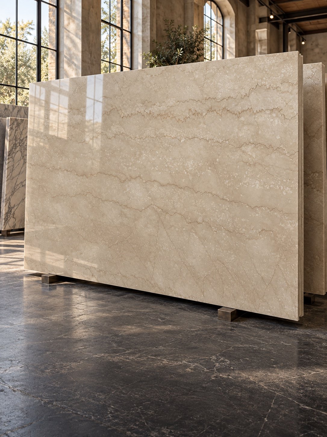 Botticino marble slab displayed in a sunlit showroom