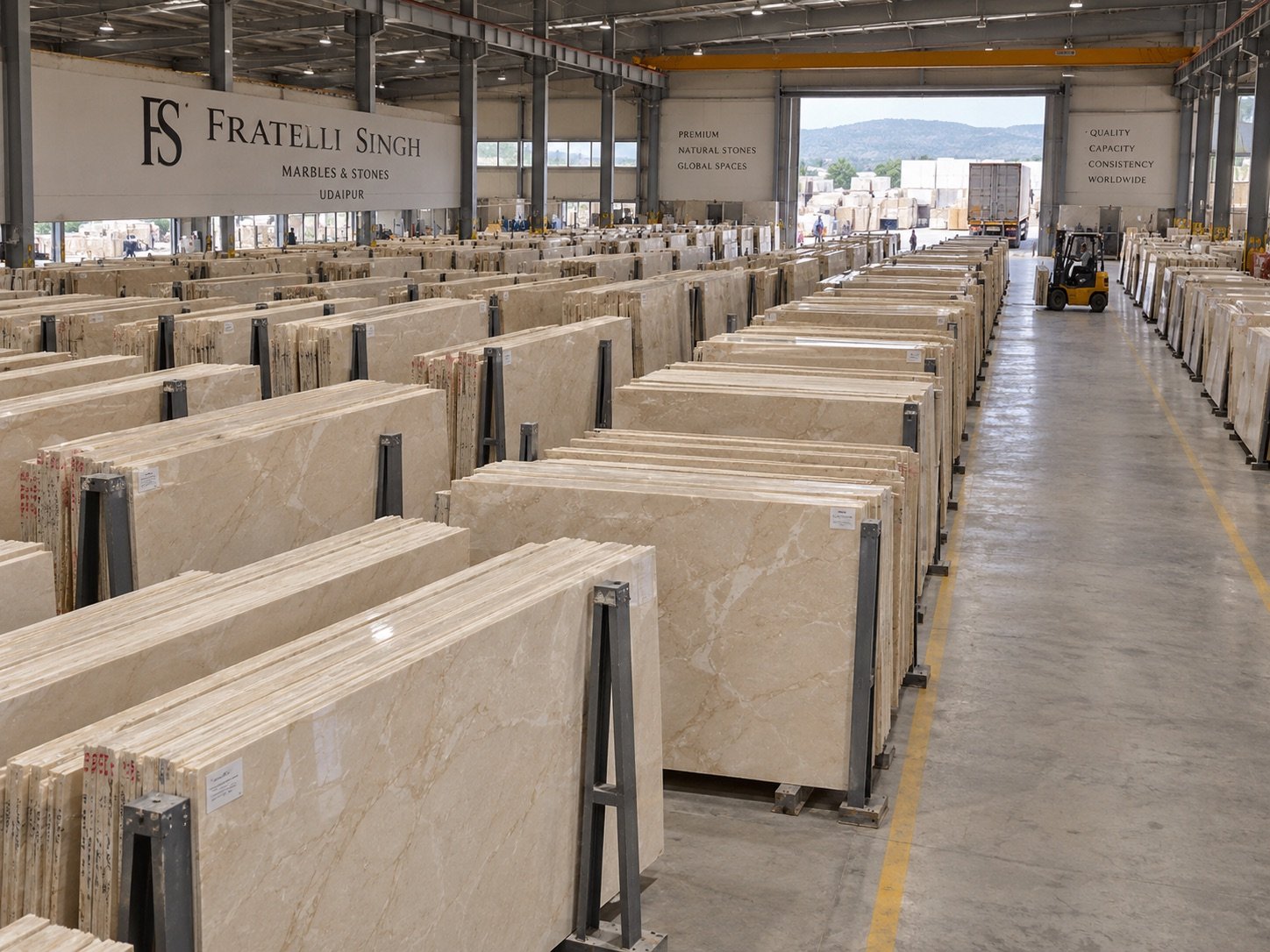 Illustrative warehouse aisle with rows of Botticino-coloured marble slabs