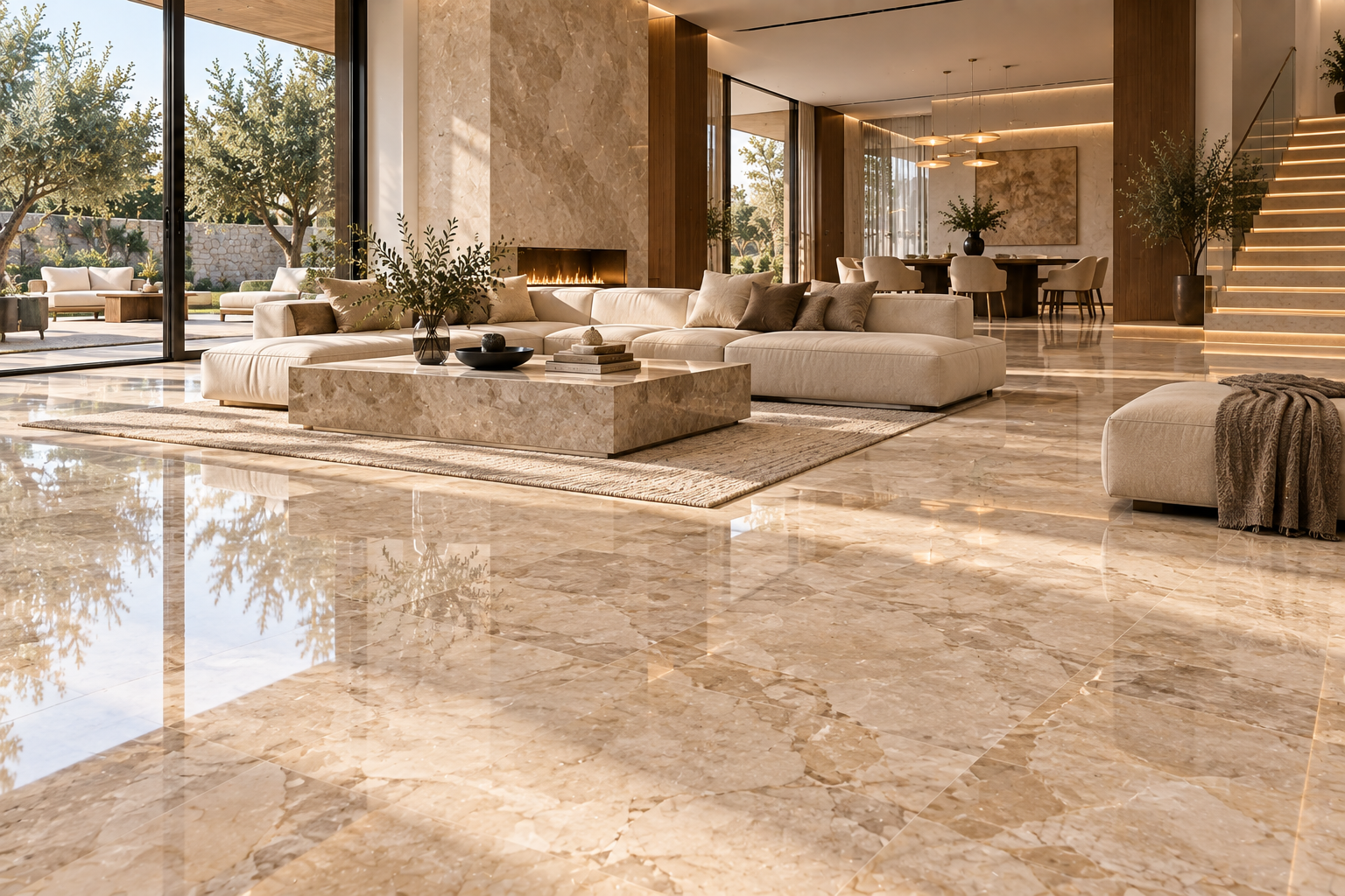 Brescia Aurora Italian marble flooring in a warm luxury interior