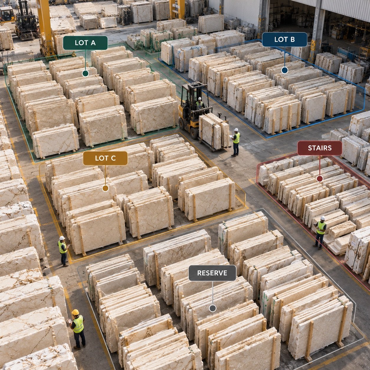 Illustrative elevated view of marble slabs grouped into separate project lots and a reserve area