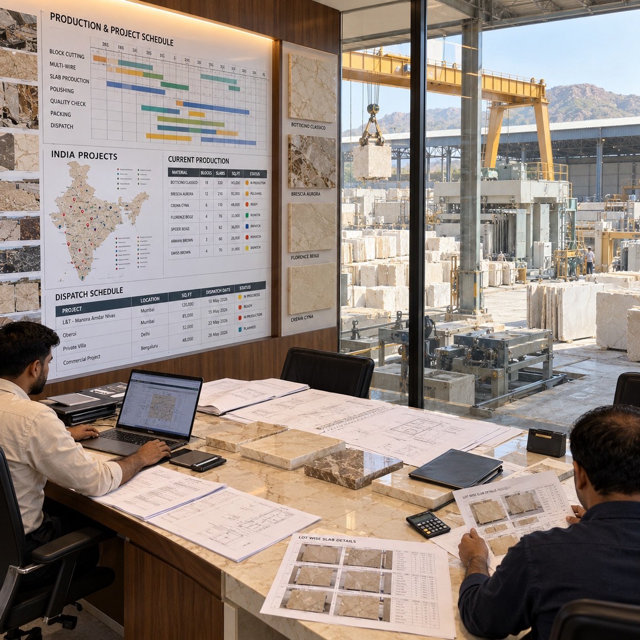 Illustrative project planning office with a marble production schedule and processing yard