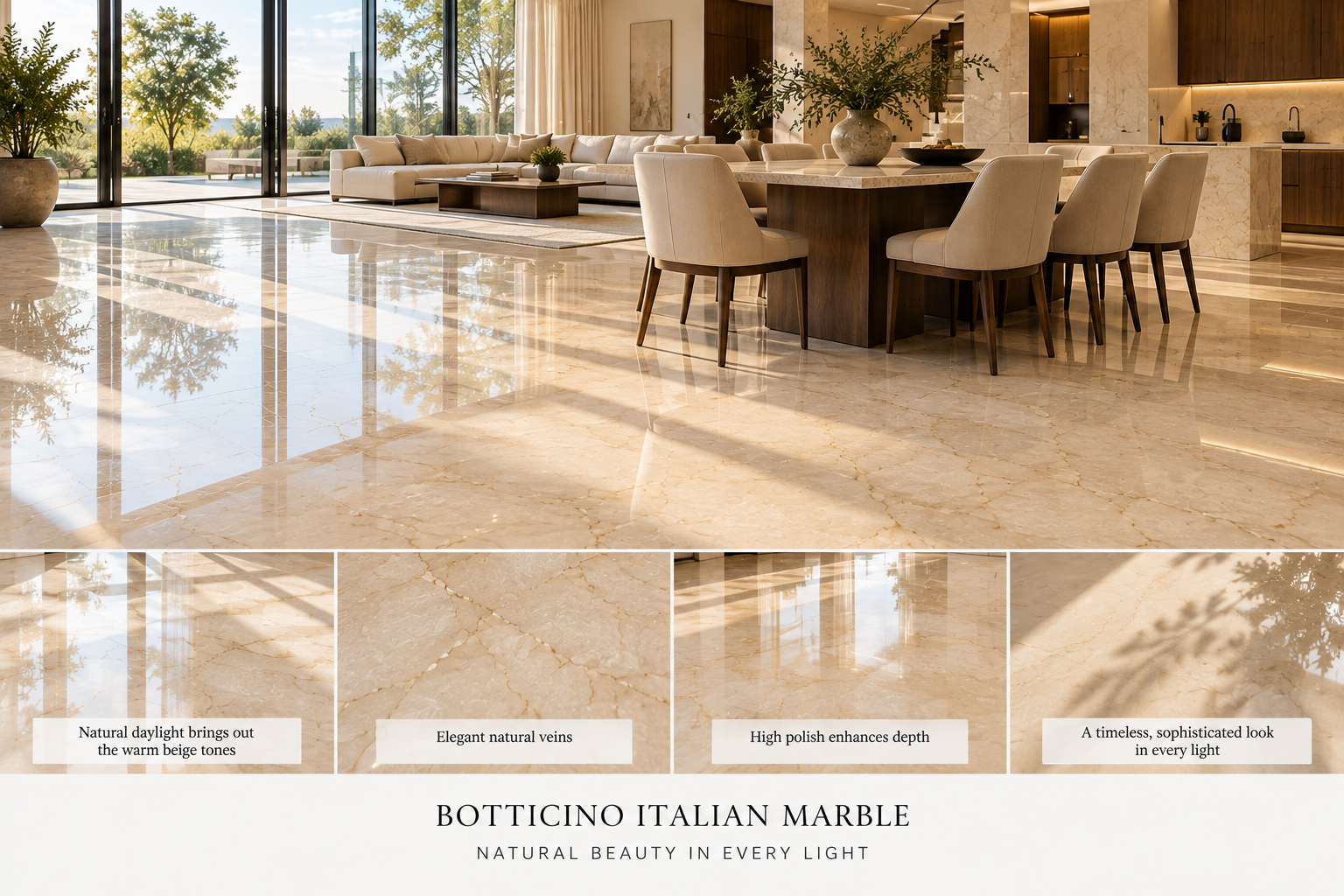 Natural daylight reflecting across polished Botticino Italian marble flooring