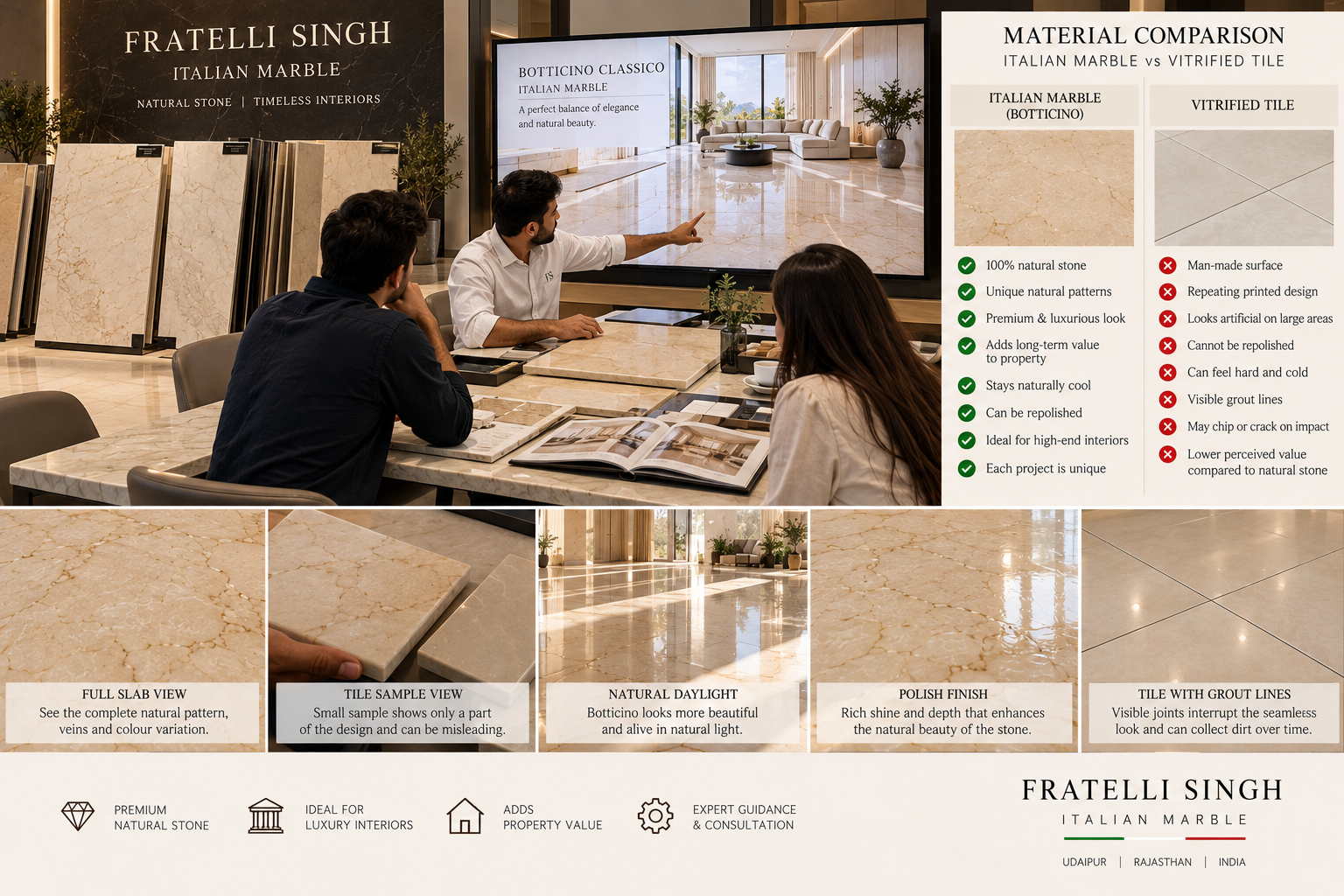 Fratelli Singh showroom consultation comparing Italian marble and vitrified tile materials