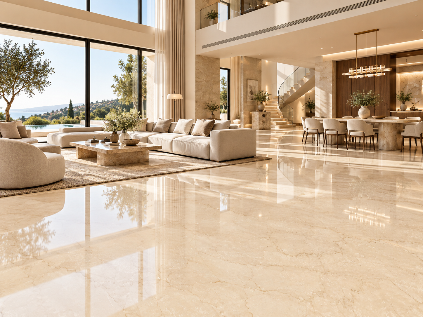 Botticino Italian marble flooring in a contemporary luxury villa