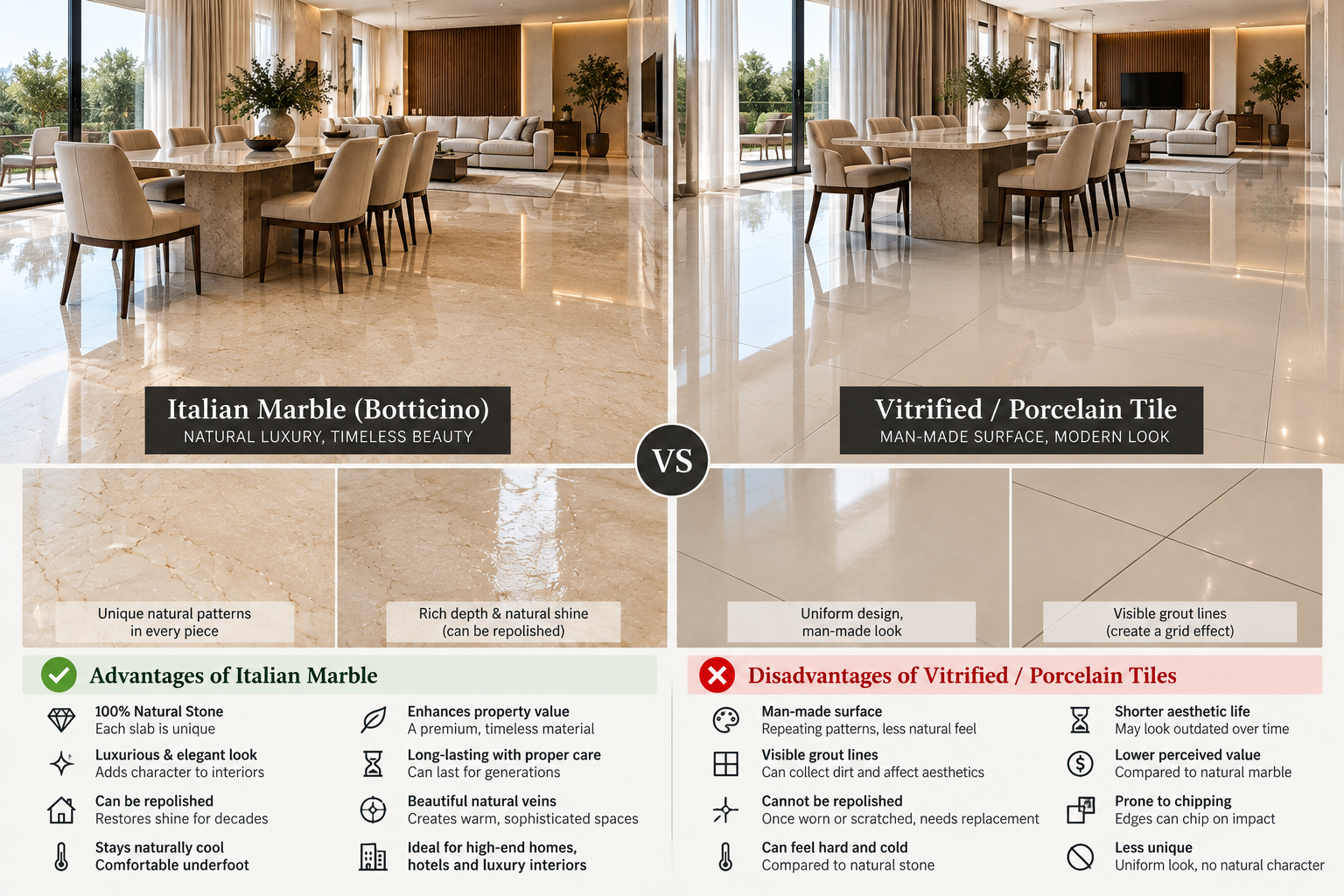 Italian marble versus vitrified tile flooring comparison