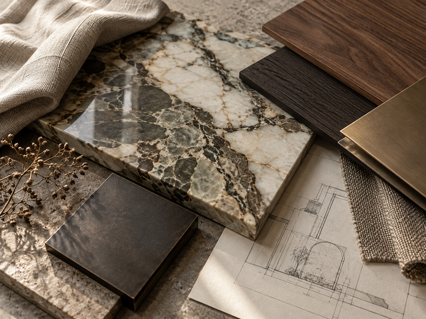 Marble, walnut, smoked oak, bronze and woven fabric material palette for dark wood interiors