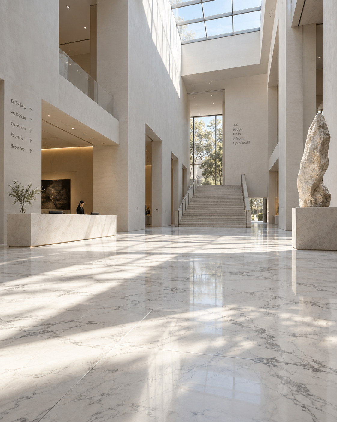 Large-format light marble floor in a tall contemporary public foyer with skylight and distant staircase