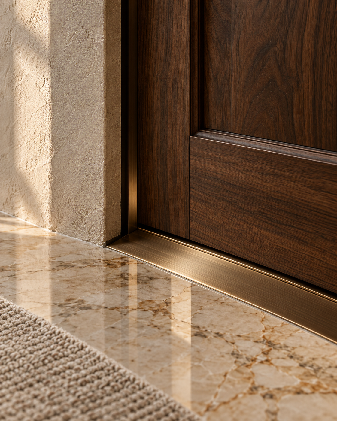 Marble entrance floor meeting a dark walnut door and bronze threshold