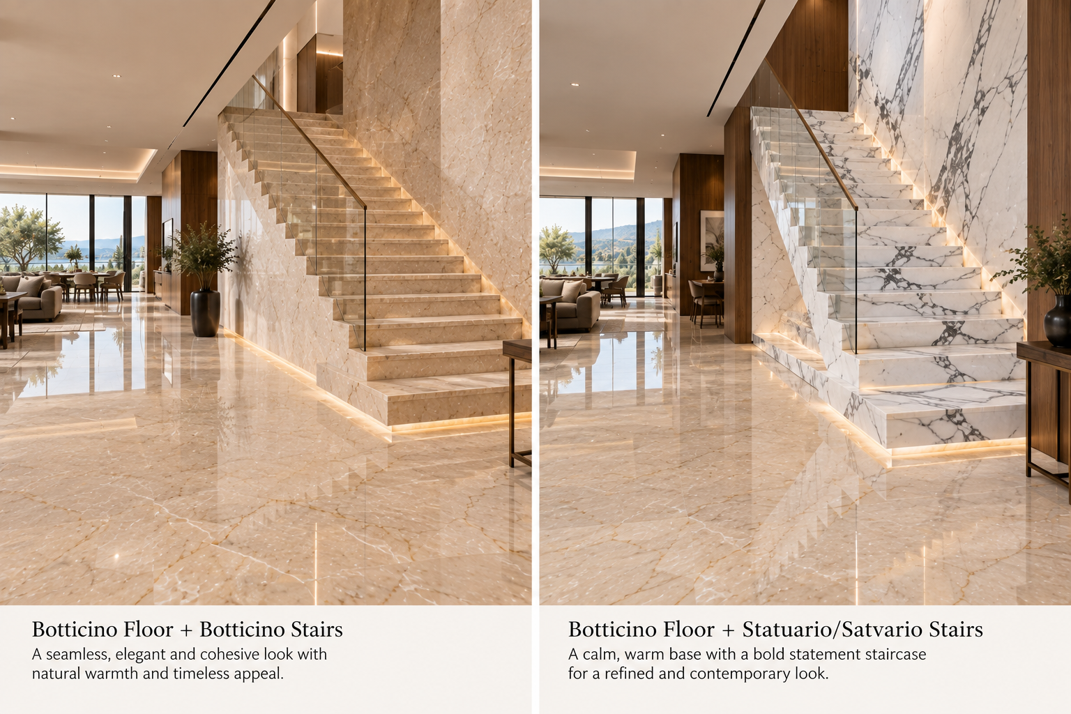 Side-by-side Botticino floor with matching Botticino stairs and contrasting Statuario stairs