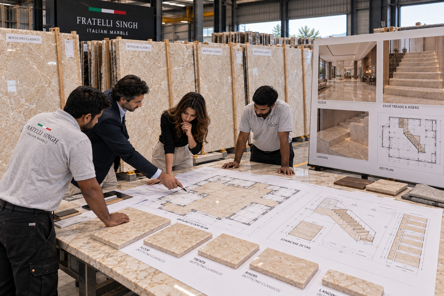Fratelli Singh team reviewing marble slabs, floor plans and staircase tread, riser and landing allocations