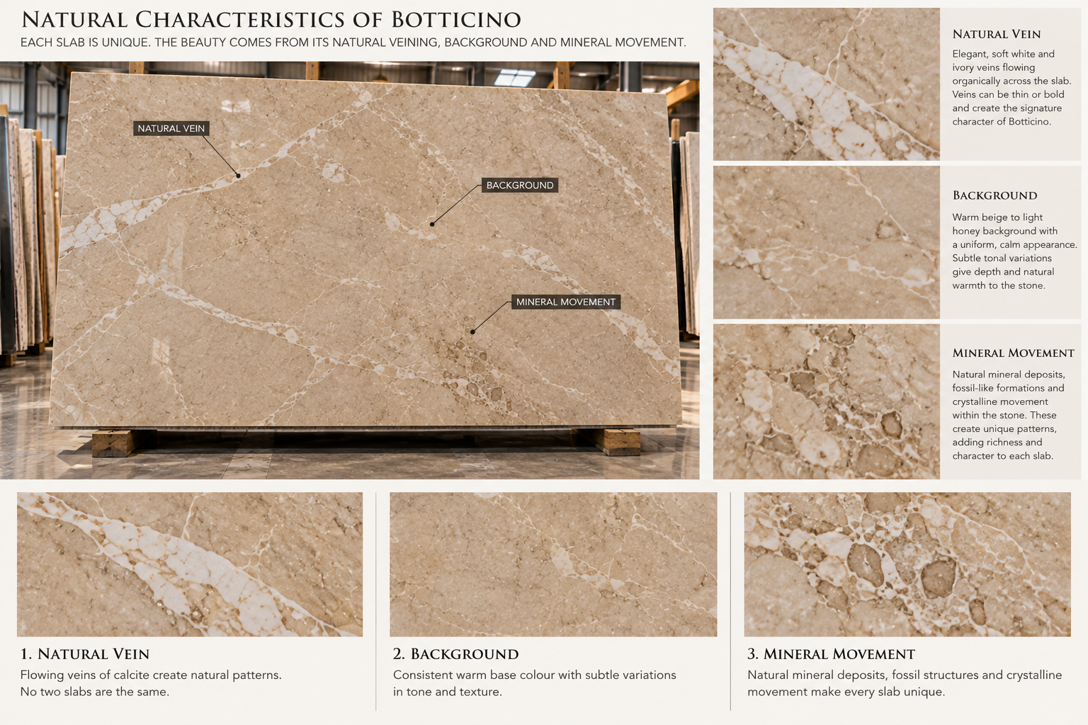 Natural Botticino marble vein, warm background and mineral movement explained on a full slab