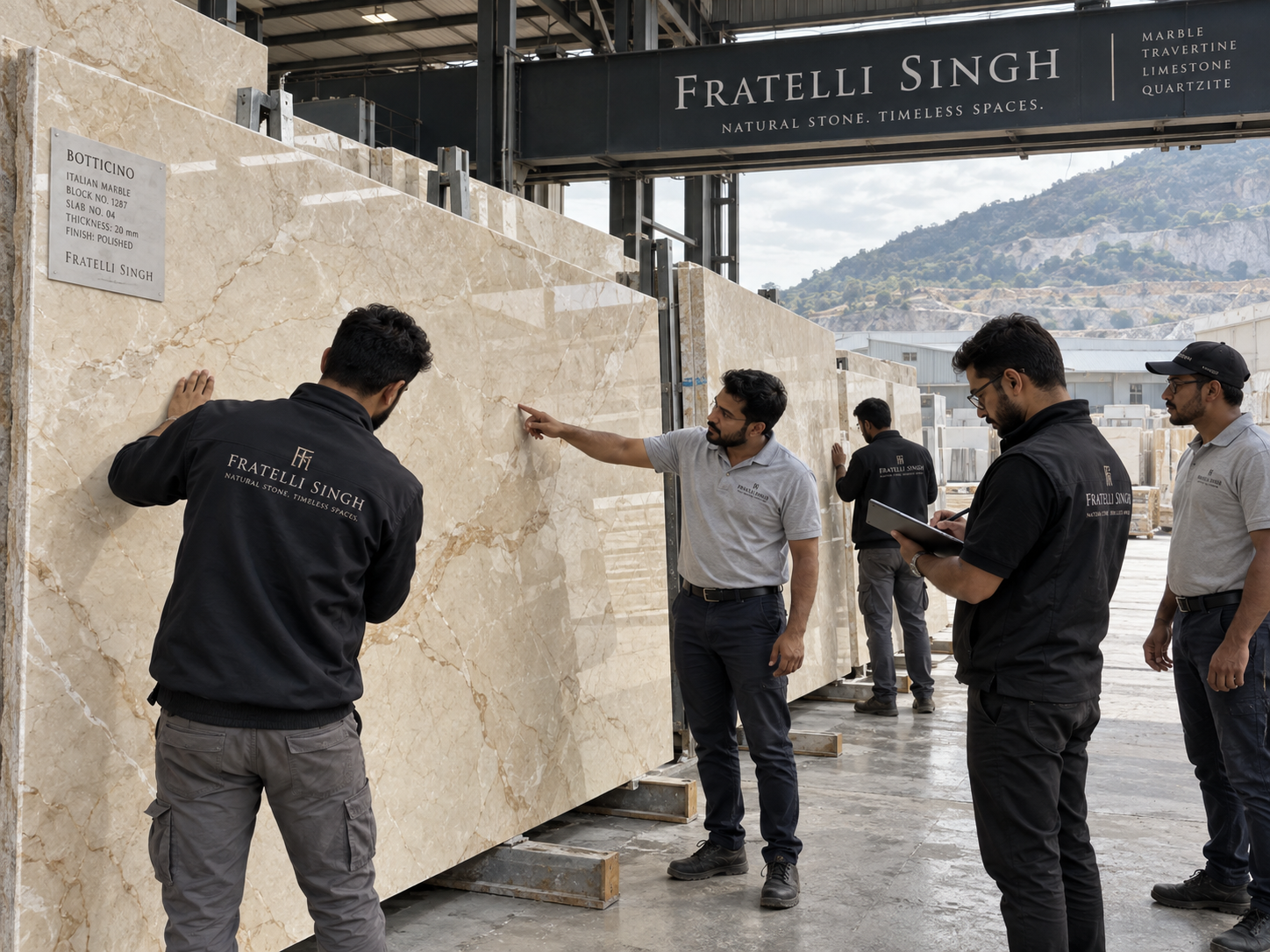 Fratelli Singh team inspecting a full Italian marble slab in the stone yard