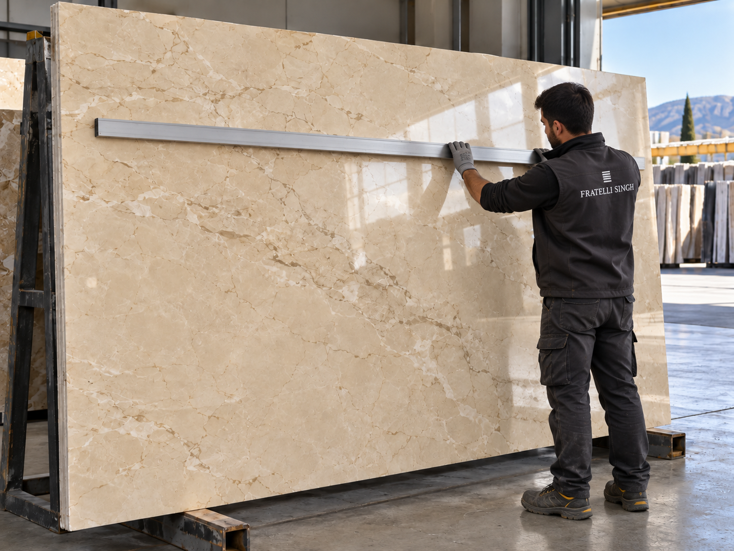 Worker closely inspecting the polished surface of a Botticino marble slab