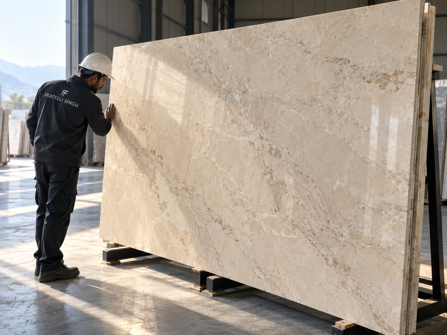 Marble technician measuring slab thickness with a digital gauge in the warehouse