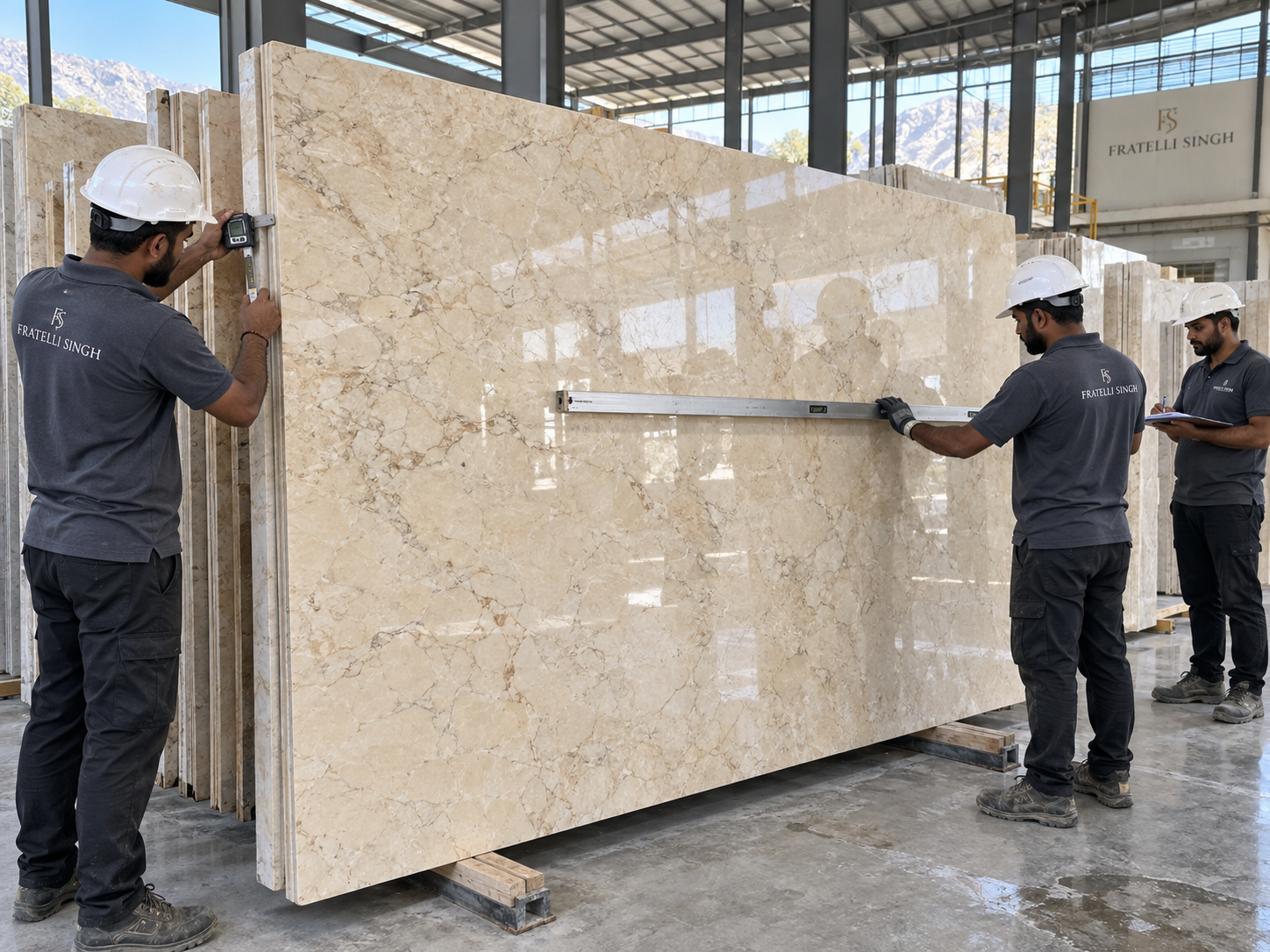 Fratelli Singh yard team measuring a full marble slab as part of the inspection sequence
