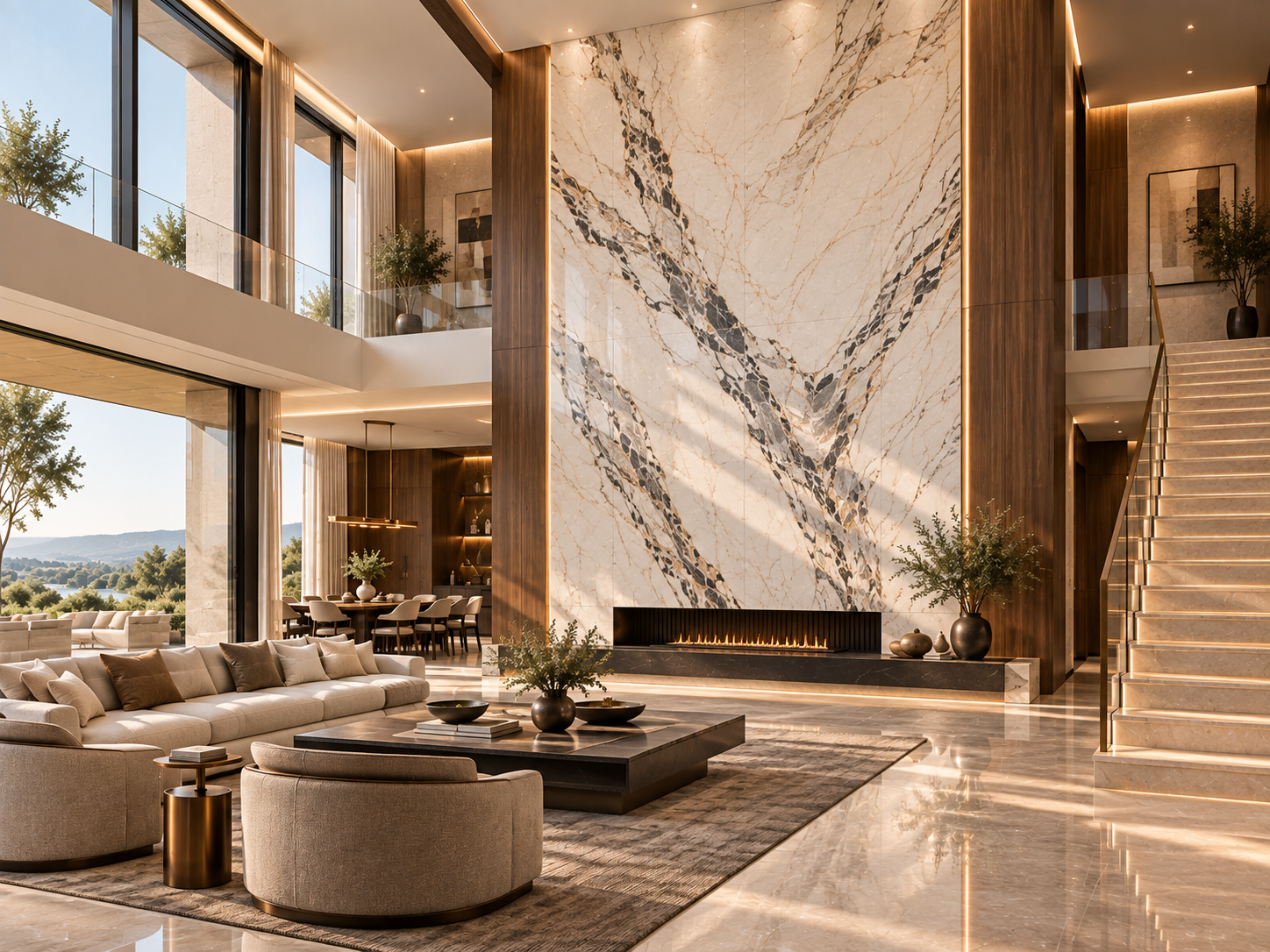 Double-height villa living room with a bookmatched marble wall, warm flooring and sculptural staircase