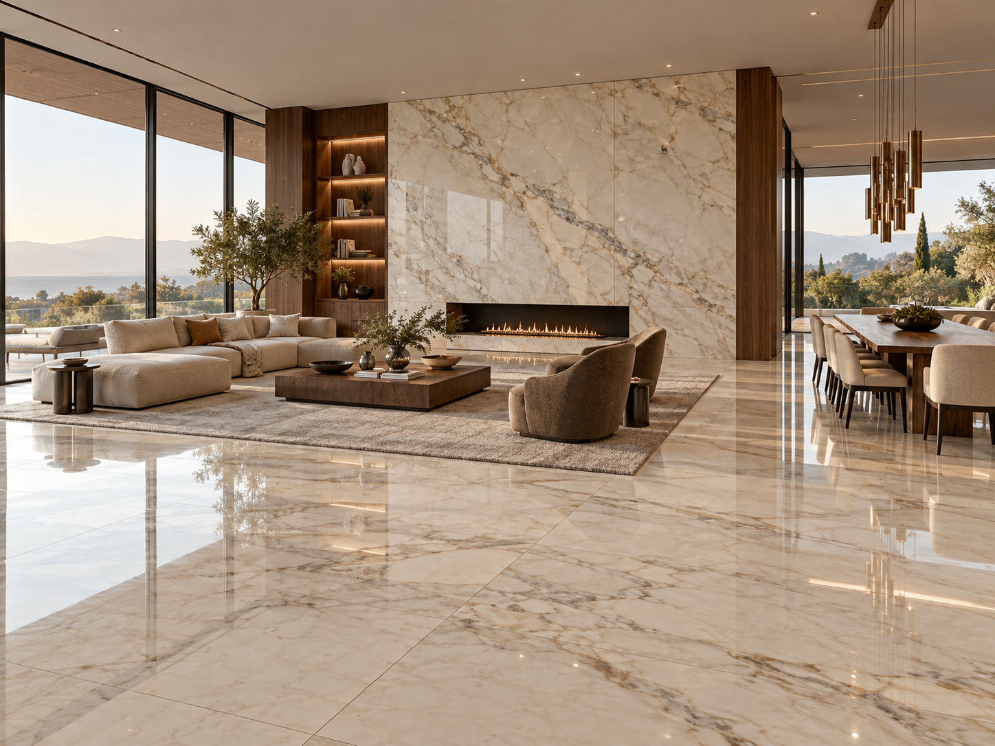 Large Italian marble slabs used across a luxury living and dining room