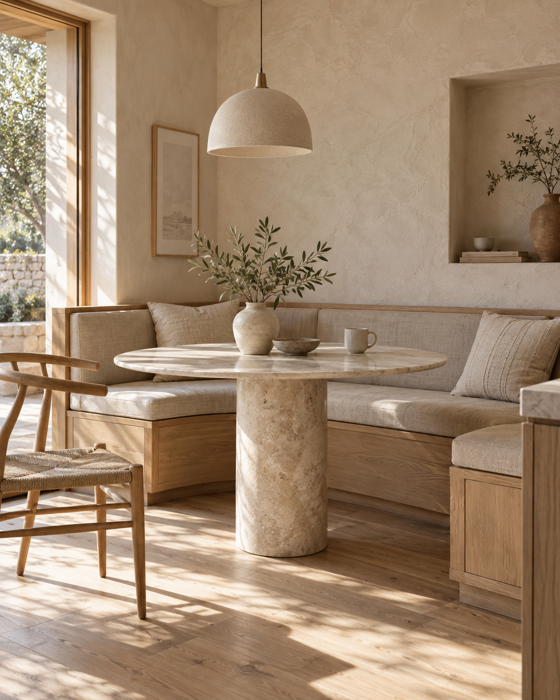 Botticino marble table paired with light oak in a calm modern interior