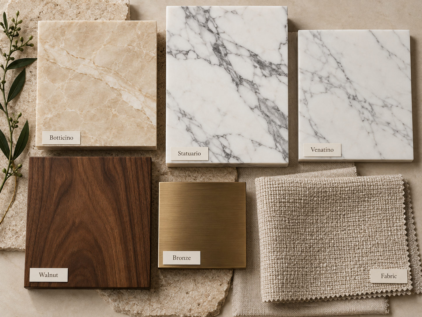 Botticino, Statuario and Venatino marble samples beside walnut, bronze and neutral fabric