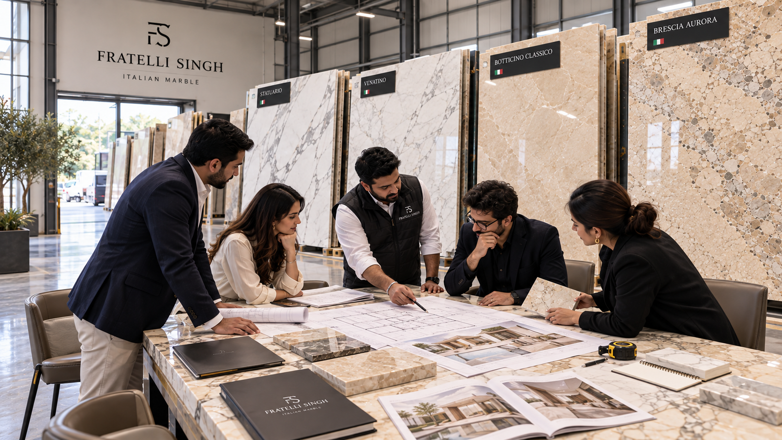 Fratelli Singh team and interior designers reviewing full marble slabs, material samples and villa plans
