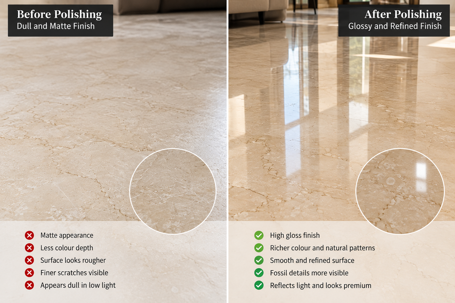 Botticino marble before and after professional polishing