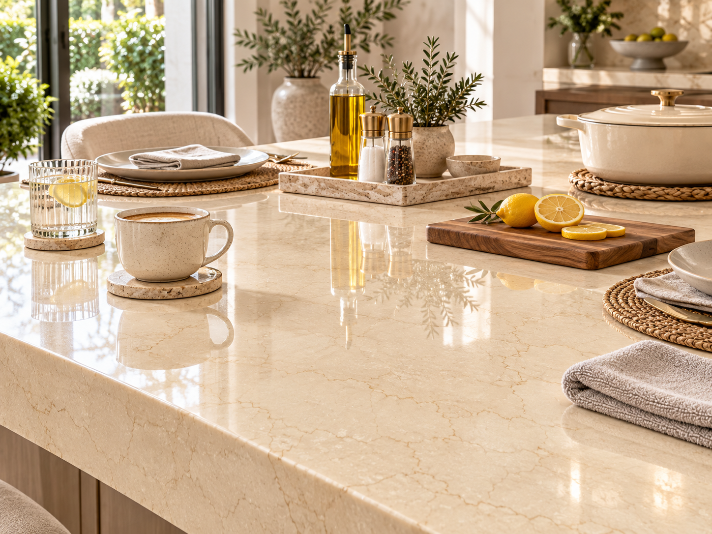 Sunlit Botticino marble kitchen island and dining surface