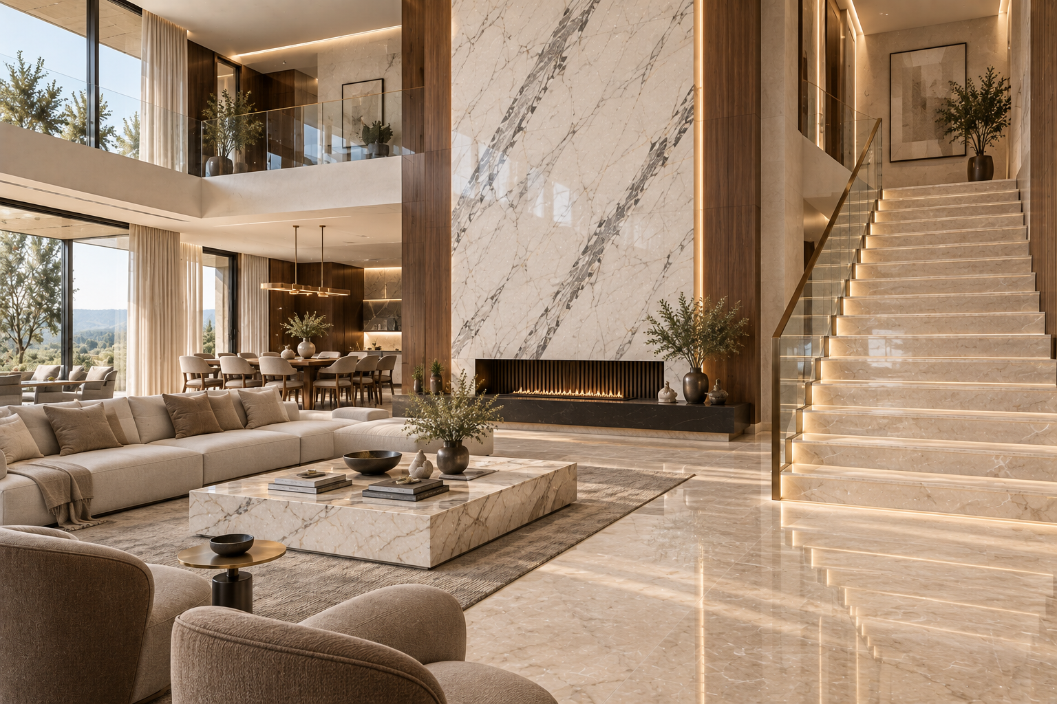 Double-height living and dining interior balancing expressive marble, dark wood, glass and soft upholstery