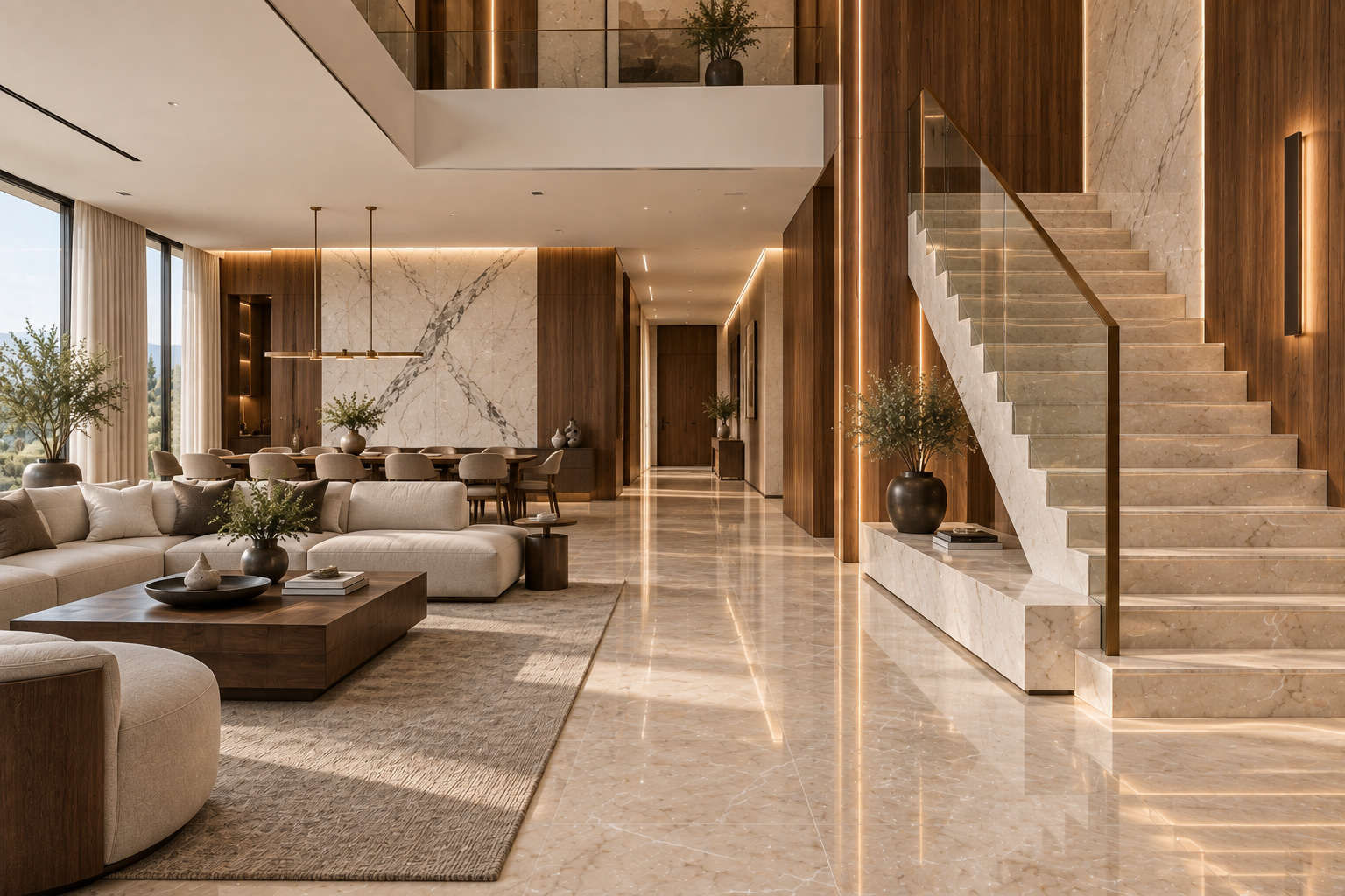 Warm modern interior combining marble, dark wood and soft furnishings