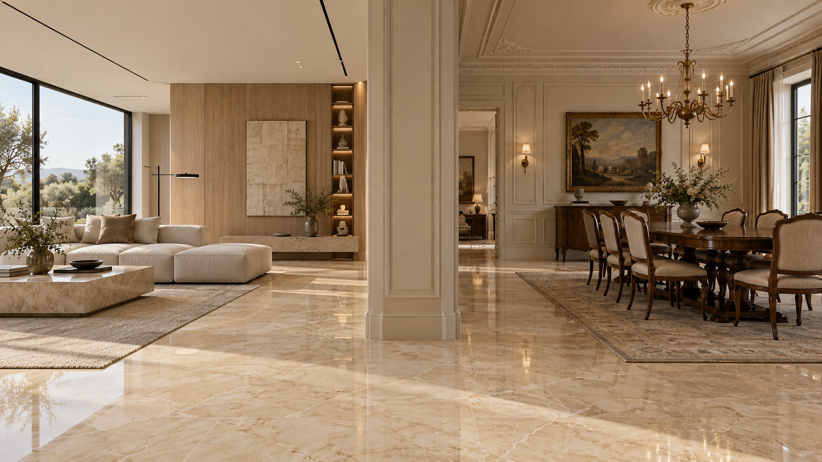 Same warm marble family used in contrasting modern and classical interior styles