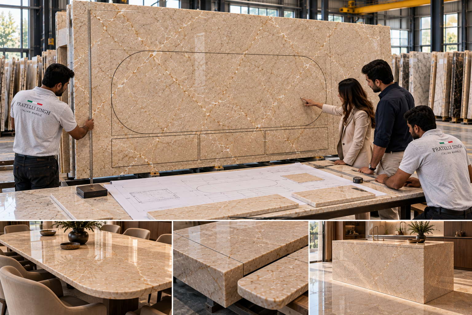 Designers and stone specialists reviewing a full-slab table template before cutting