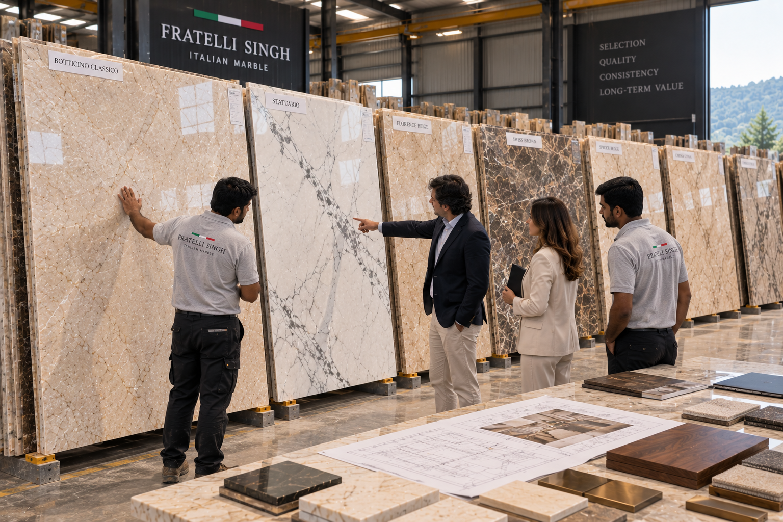 Fratelli Singh team and clients comparing multiple full marble slabs beside a floor plan