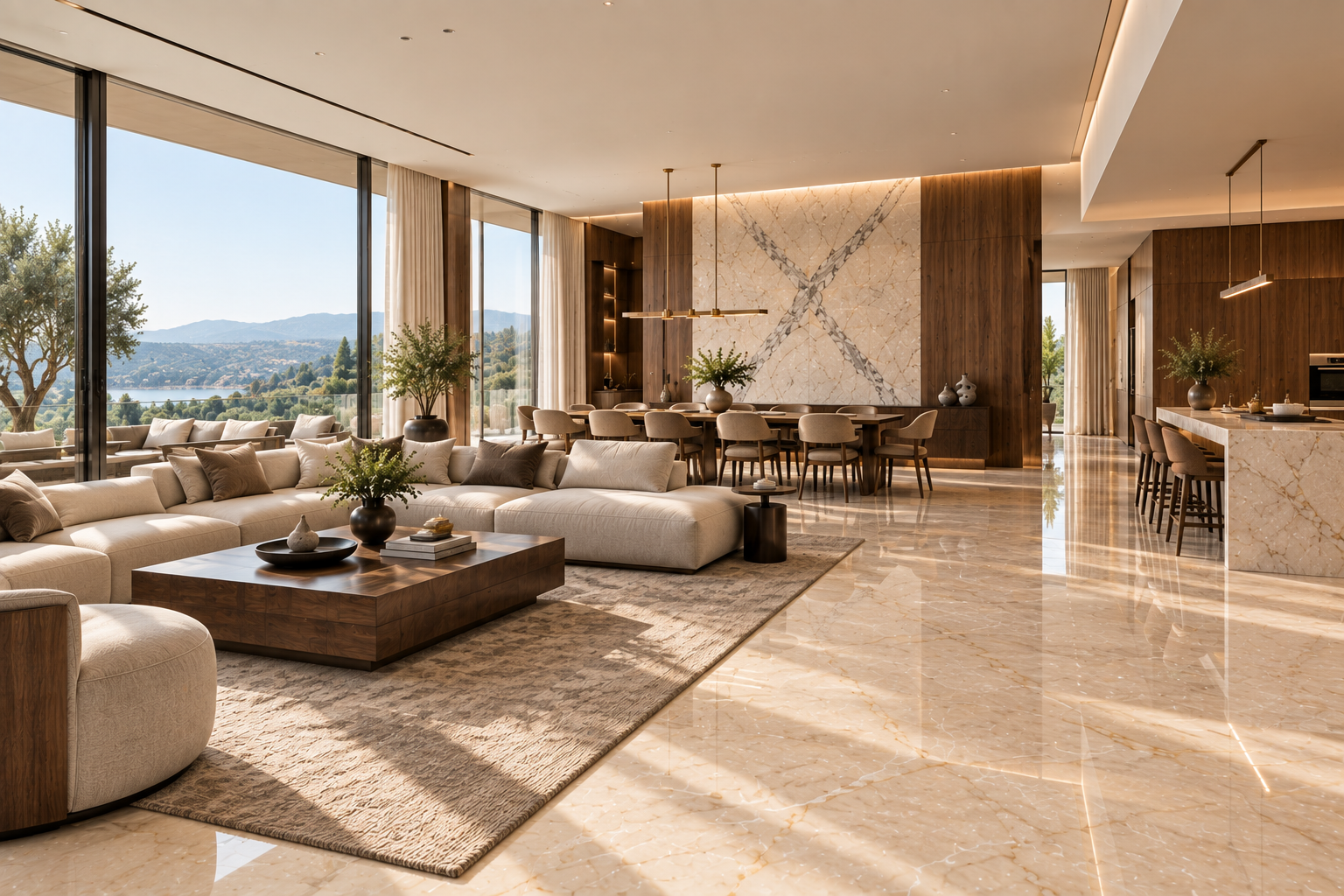 Large open-plan living and dining room with continuous Italian marble flooring
