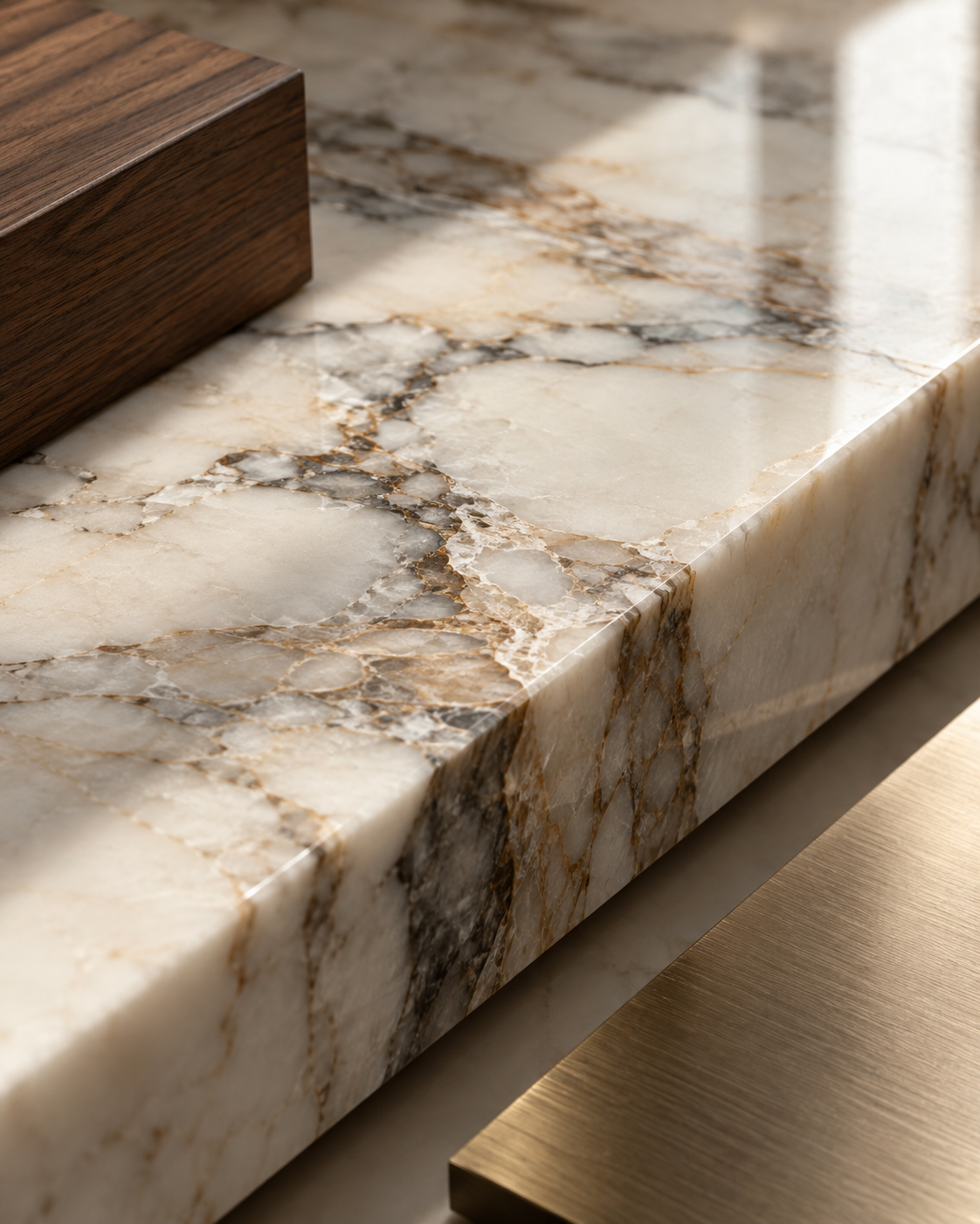 Close-up of polished Italian marble showing natural vein transitions, a finished edge, walnut and brushed bronze