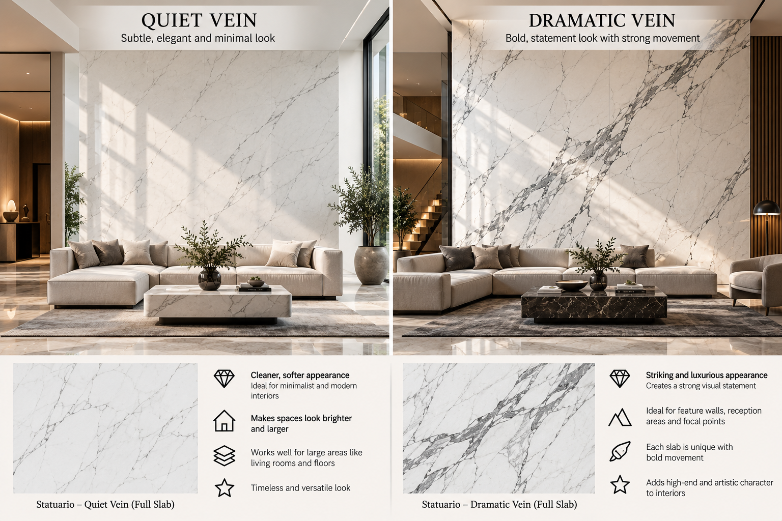 Full Statuario Satvario marble slab showing quiet and dramatic grey veining