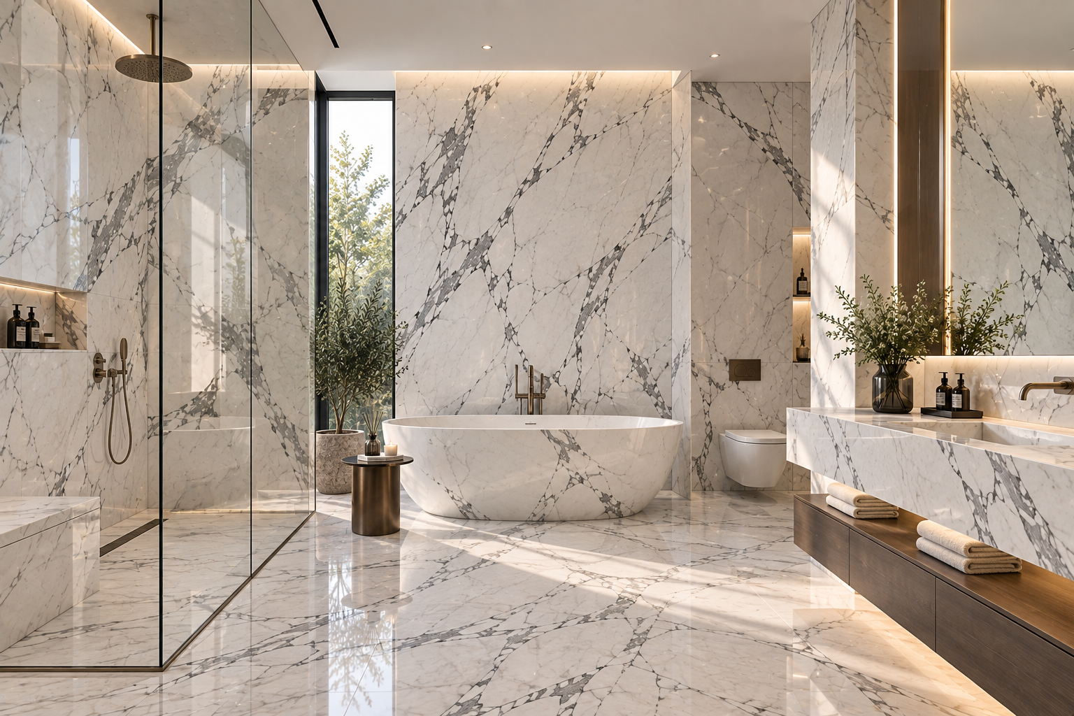 Statuario marble spa bathroom with shower wall and vanity