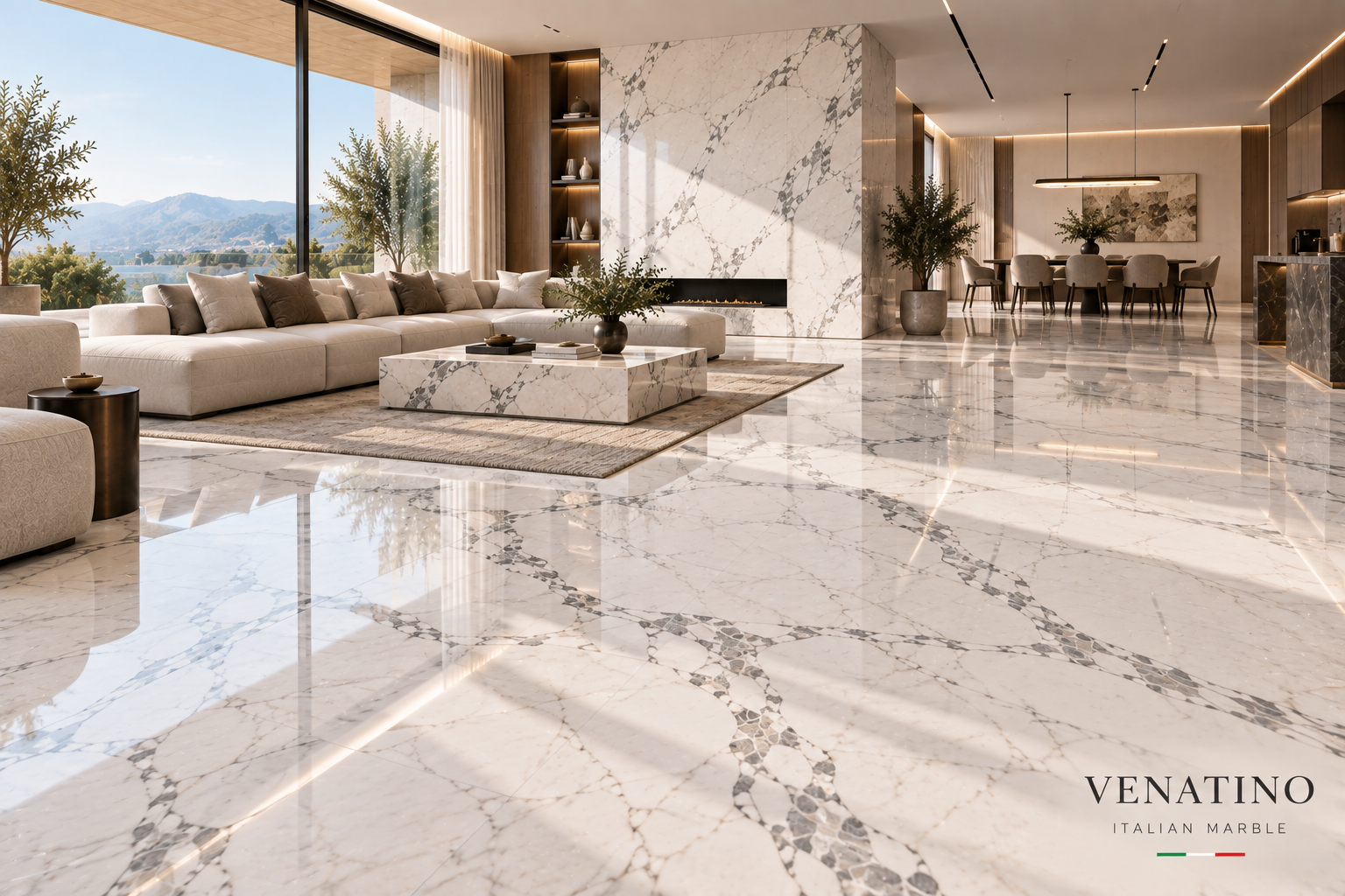 Venatino marble flooring across a modern living and dining area