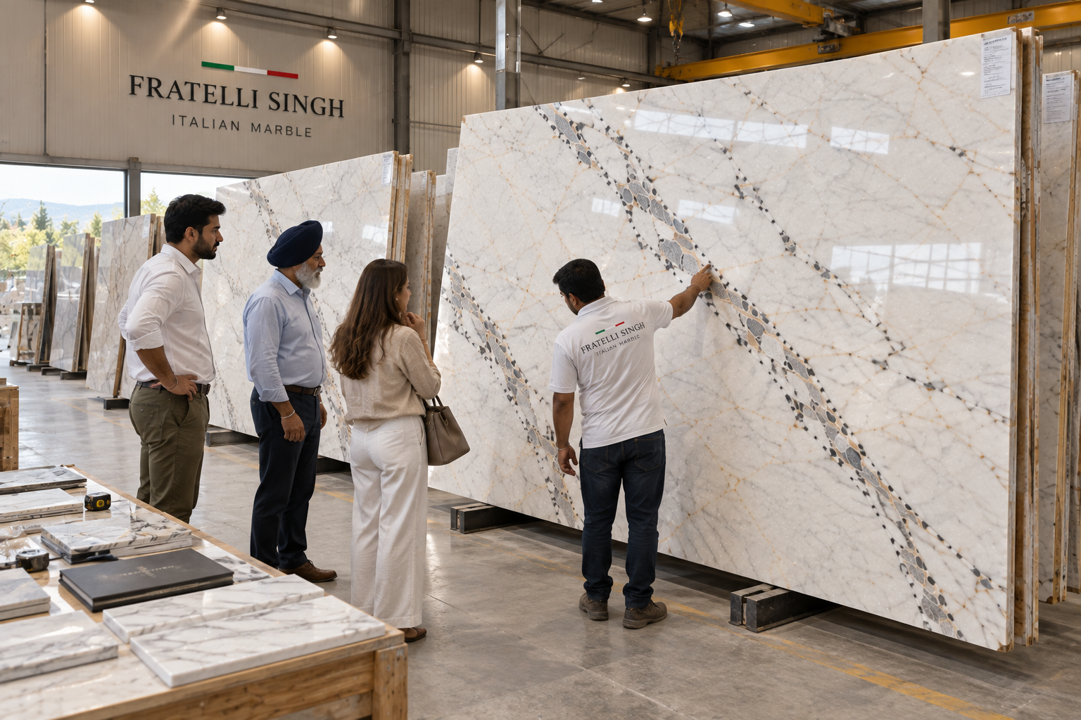 Fratelli Singh staff and clients inspecting a Vietnam White marble slab in the showroom