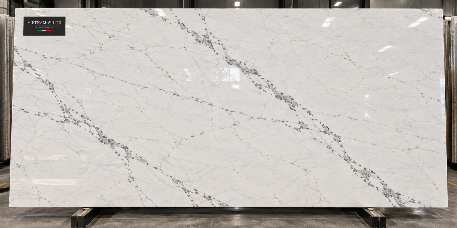 Full Vietnam White marble slab with subtle natural grain and grey movement