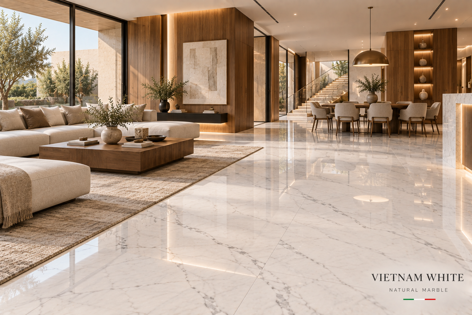 Vietnam White marble flooring in a warm contemporary interior
