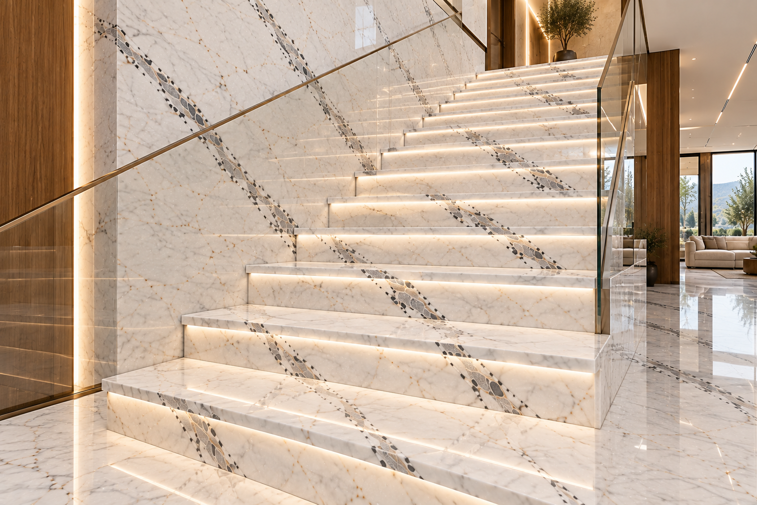 Vietnam White marble staircase with warm timber accents and soft lighting