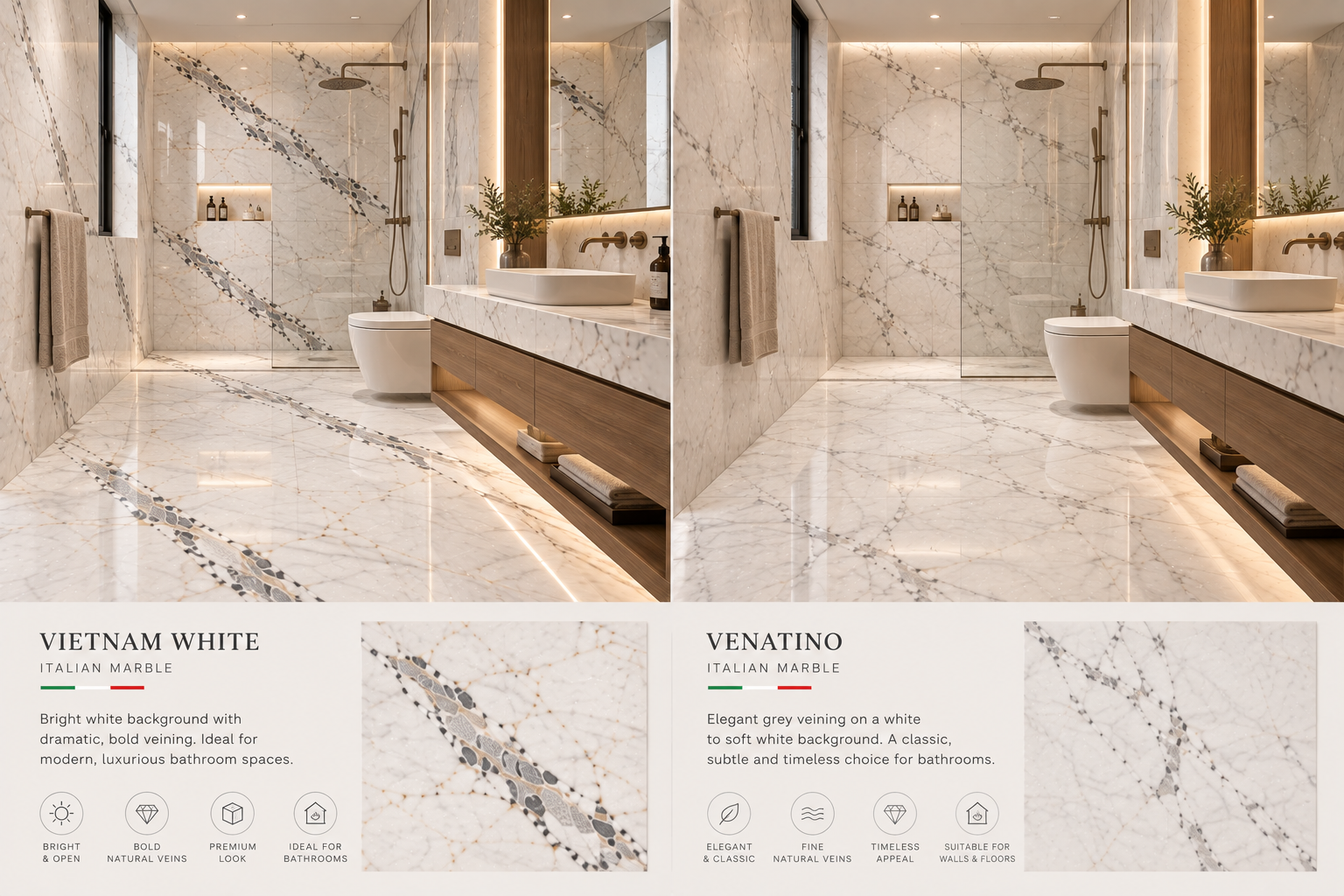 Vietnam White and Venatino marble used in two warm luxury bathroom designs