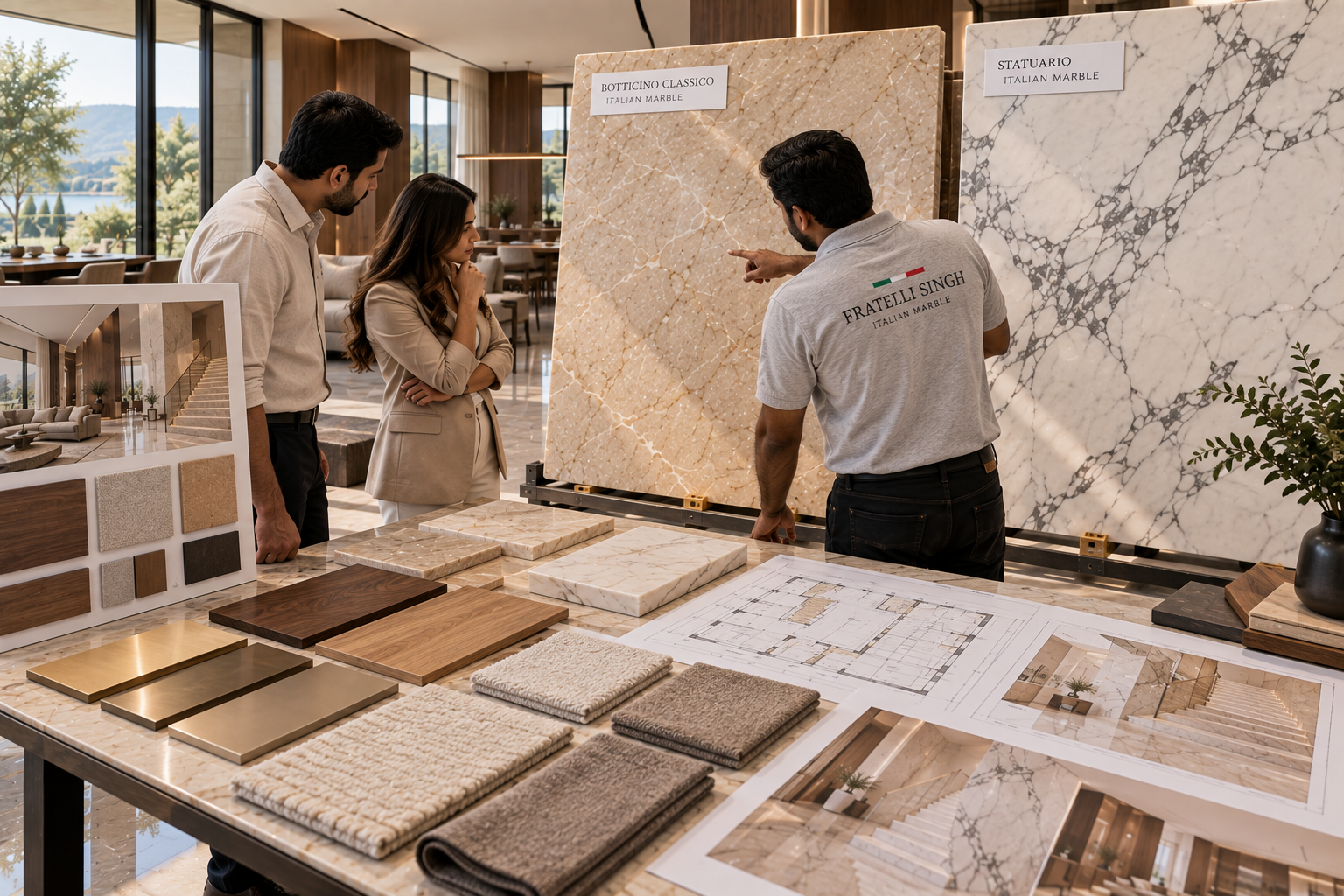 Client and Fratelli Singh design team comparing warm Botticino and white Statuario slabs with project plans and interior samples