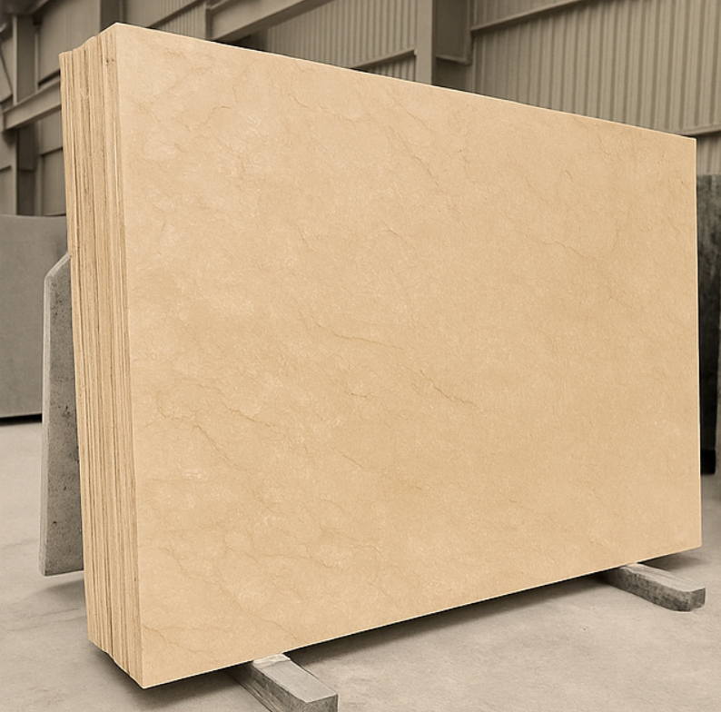 Book-style stack of warm beige Botticino marble slabs