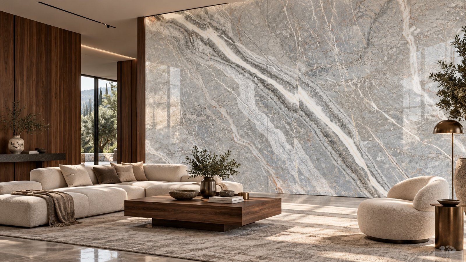 Fiori di Pesco marble feature wall in a luxury living room, with flowing grey, ivory and blush-toned veins