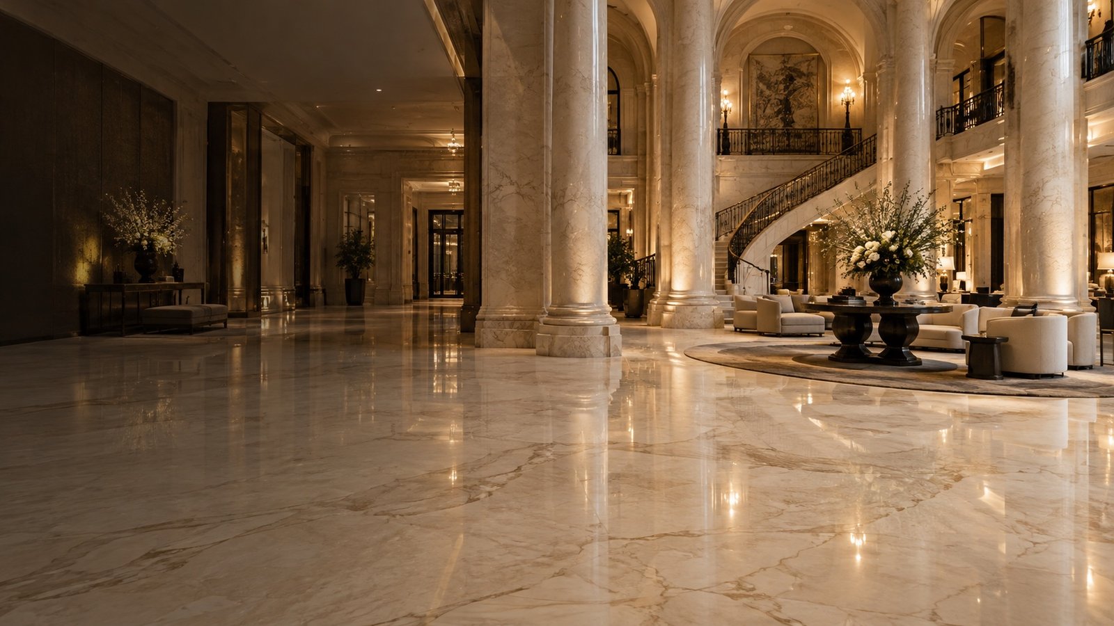 Opulent marble lobby with a grand staircase and polished warm-toned floors