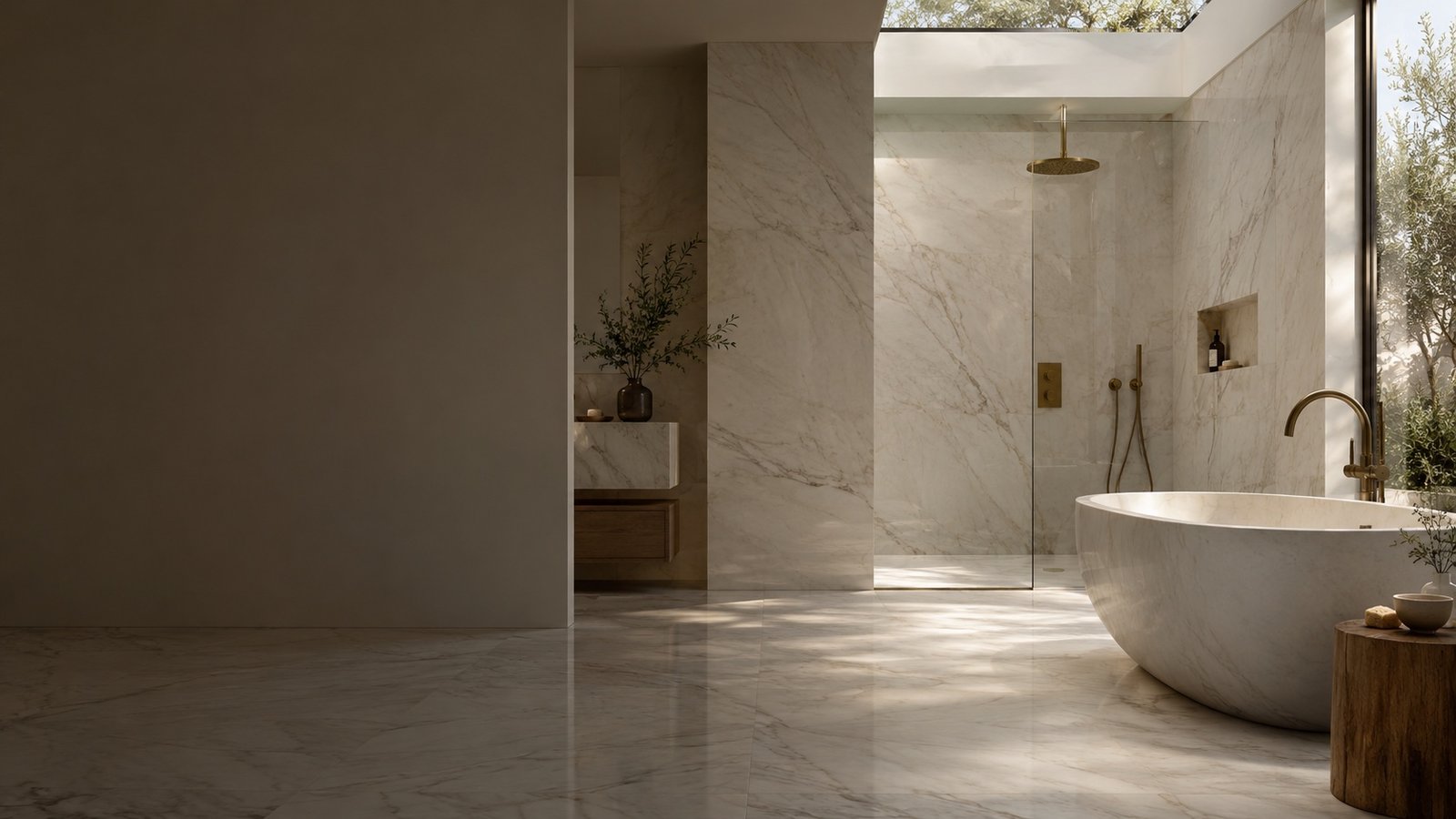 Light marble spa bathroom with a freestanding tub and natural veining