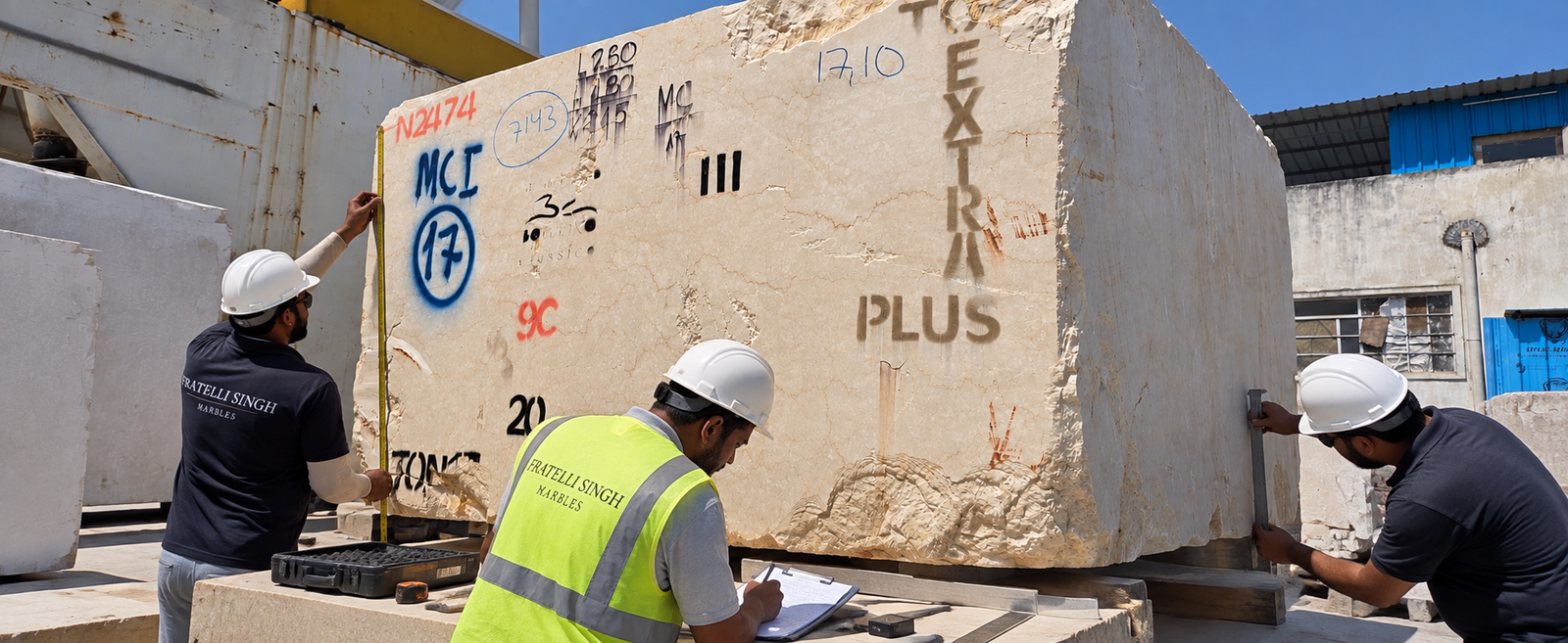 Fratelli Singh team inspecting a marble block at the quarry