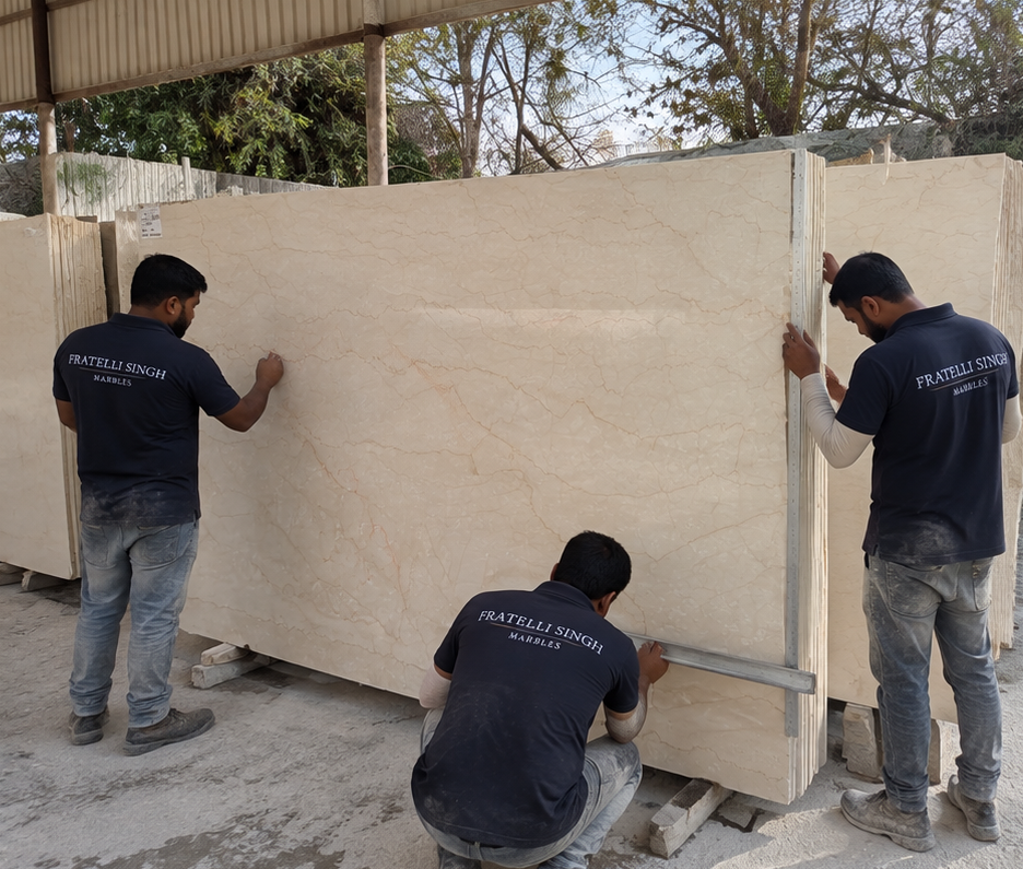 Fratelli Singh team inspecting a finished marble slab